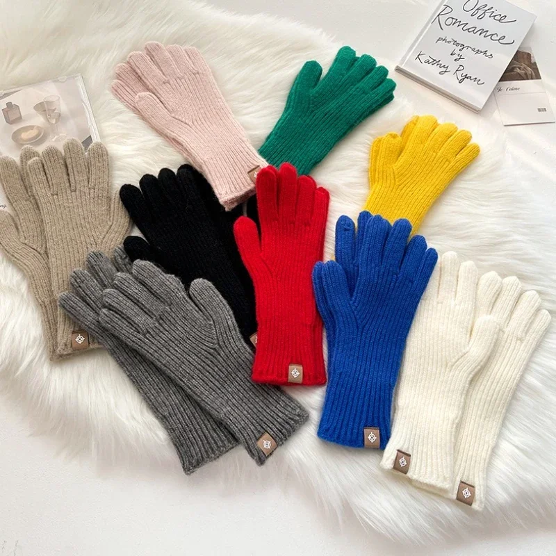 Klein Blue Korean Finger-separated Exposed Gloves Women Fashion Warm Student White Gloves Autumn and Winter Wool Knitted Gloves