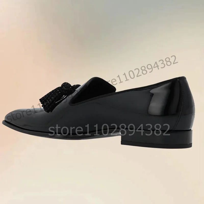 Rhinestone Tassels Decor Black Patent Leather Loafers Fashion Slip On Men Shoes Luxurious Handmade Party Wedding Men Dress Shoes