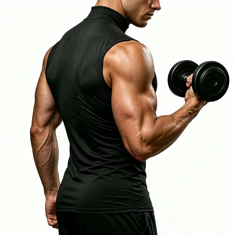 Summer Men's Compression Turtleneck Tank Top Elastic Quick Dry Sleeveless Gym Shirt Workout Running Sportswear Fitness Vest Tee