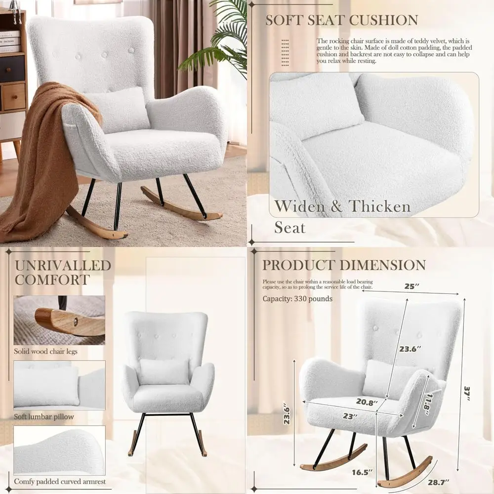 Ivory Upholstered Rocking Chair: High-Back Indoor Glider with Padded Seat for Nursing and Comfort in Bedrooms