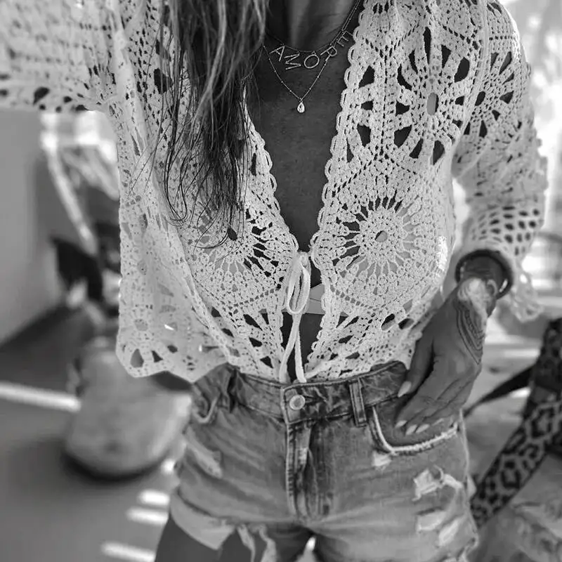 Elegante jacquard oco rendas até camisa blusa primavera outono casual blusa de cor sólida feminina sexy decote em v manga longa cardigan topo