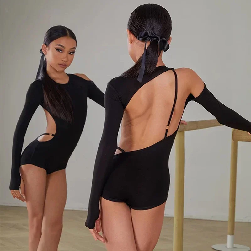 

Girls Latin Dance Bodysuits Clothes Backless Long Sleeves Tops Black Jumpsuit Cha Cha Samba Dance Practice Performance Dress