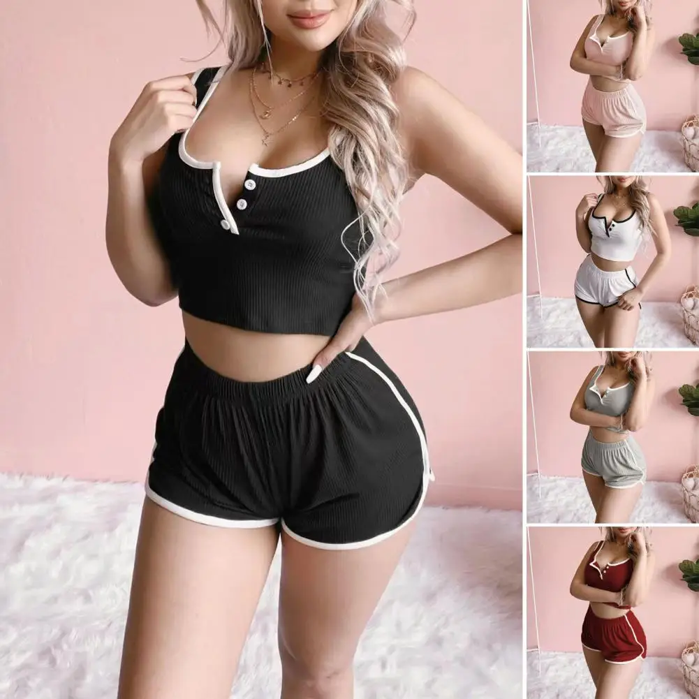 Women's Ribbed Knit 2 Piece Pajamas Set Sleeveless Crop Top And Shorts Set Summer Casual Sleepwear