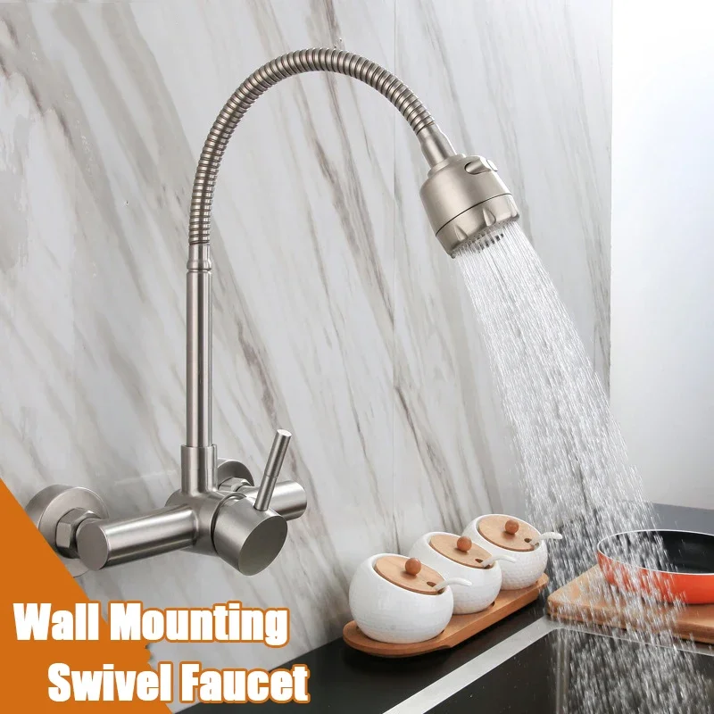 Free Shipping Black Brushed Kitchen Faucet Wall Mounted 2 Models Hot&Cold Water Sink Faucet 360 Rotation Sprayer Taps