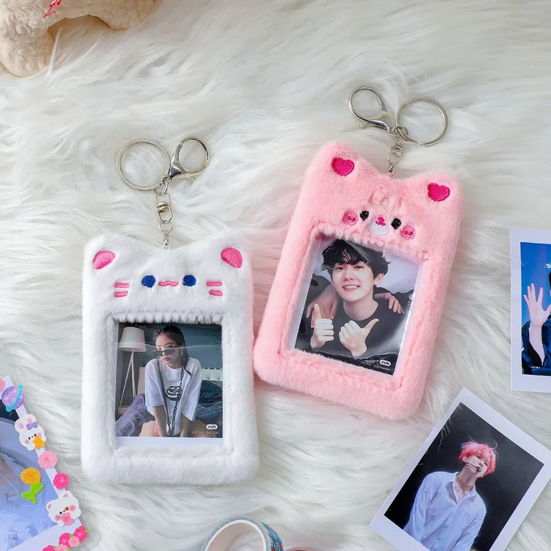 Kawaii Bear Plush Photocard Holder Credit ID Bank Card Keychains Bus Card Protective Case Photo Sleeves Stationery