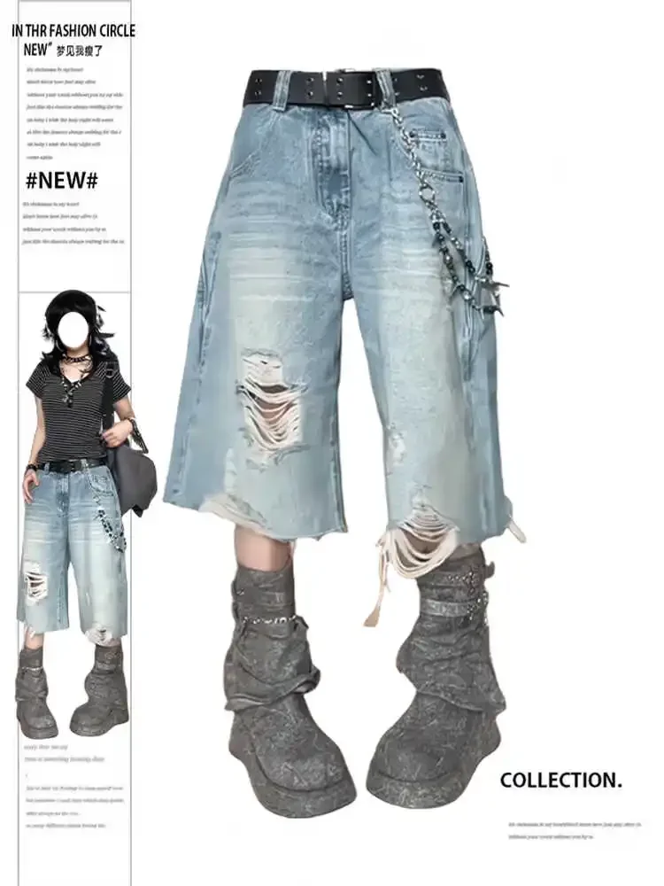 High Street Vintage Ripped Denimกางเกงขาสั้นผู้หญิงY2Kล้างหลวมขากว้างCroppedกางเกงยีนส์ดิบHemกลางลูกวัวกางเกงStreetwear E-สาว