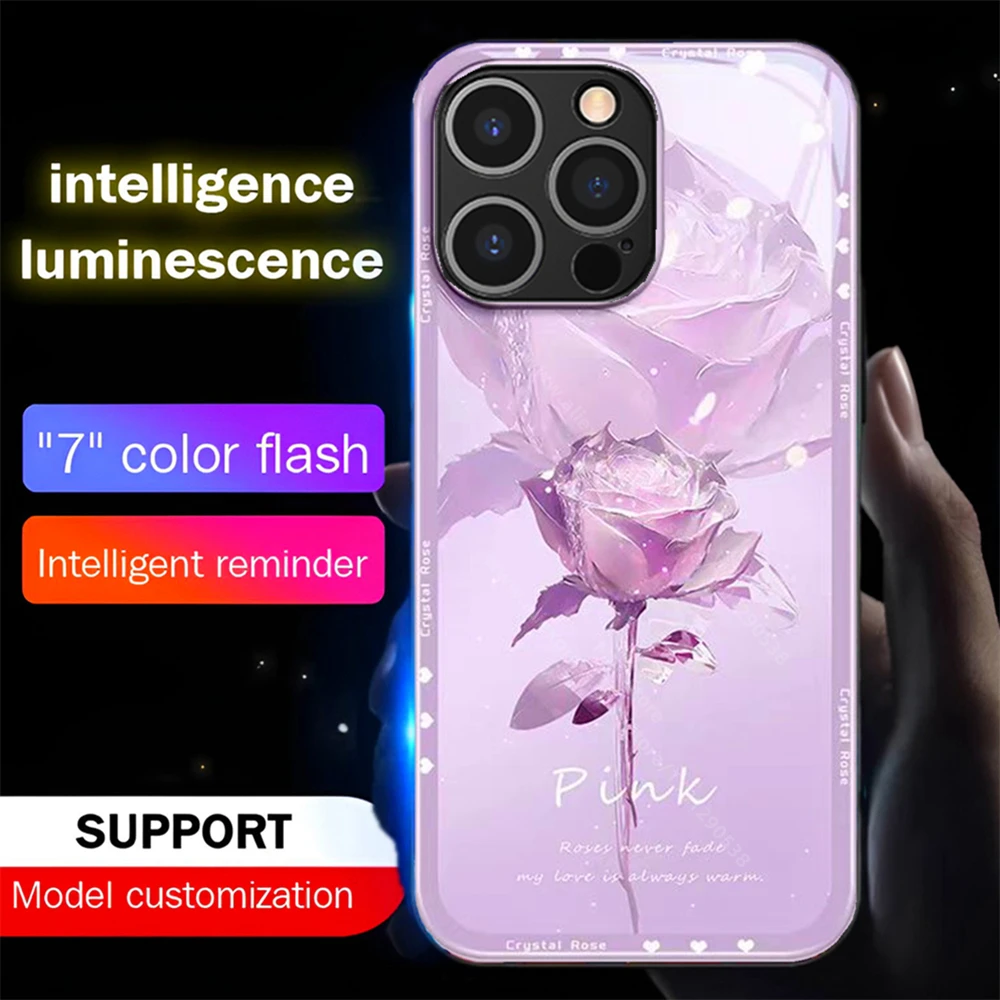 Purple Crystal Rose LED Calling Light Flash Phone Case Smart Luminous Cover For Samsung S24 S23 S22 S21 S20 FE Note Plus Ultra