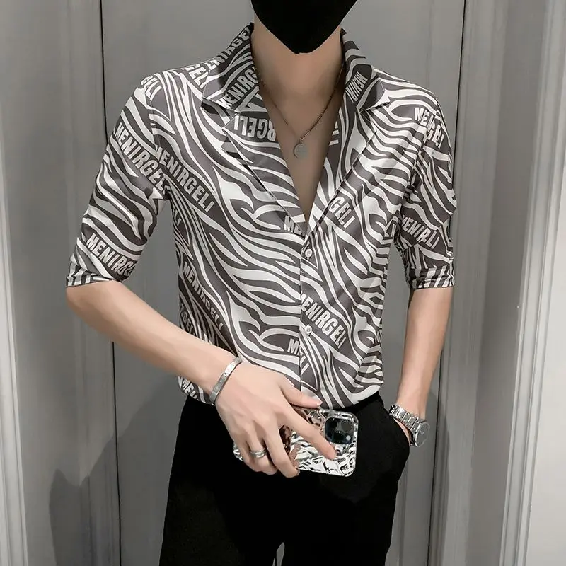 Fashion V-Neck Letter Printed Three Quarter Shirts Men's Clothing 2023 Summer New Oversized Casual Tops Loose Korean Shirt