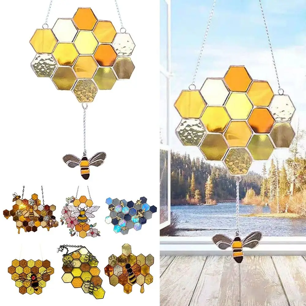 1PC Honeycomb Hanging Ornament Cartoon Bee Sun Catcher Farmhouse Garden Yard Acrylic Home Decorations Window Sunshade Novelty