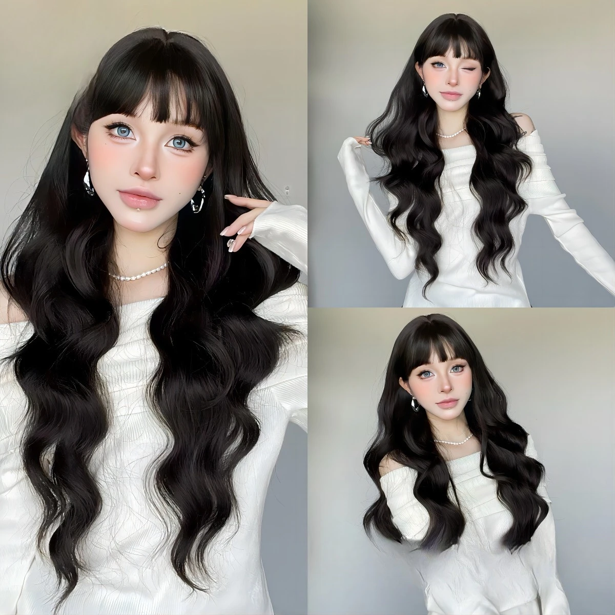 

Wig female long hair full head cover type simulated human hair natural whole top long curly hair lazy water ripple middle part w