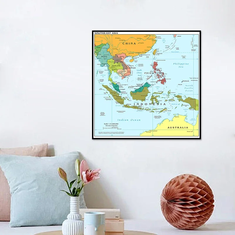 60*60 cm Il Sud-Est Asiatico Mappa In Inglese Parete Poster Decorativo Non tessuto Tela Pittura Senza Cornice Stampa Casa Soggiorno Decor