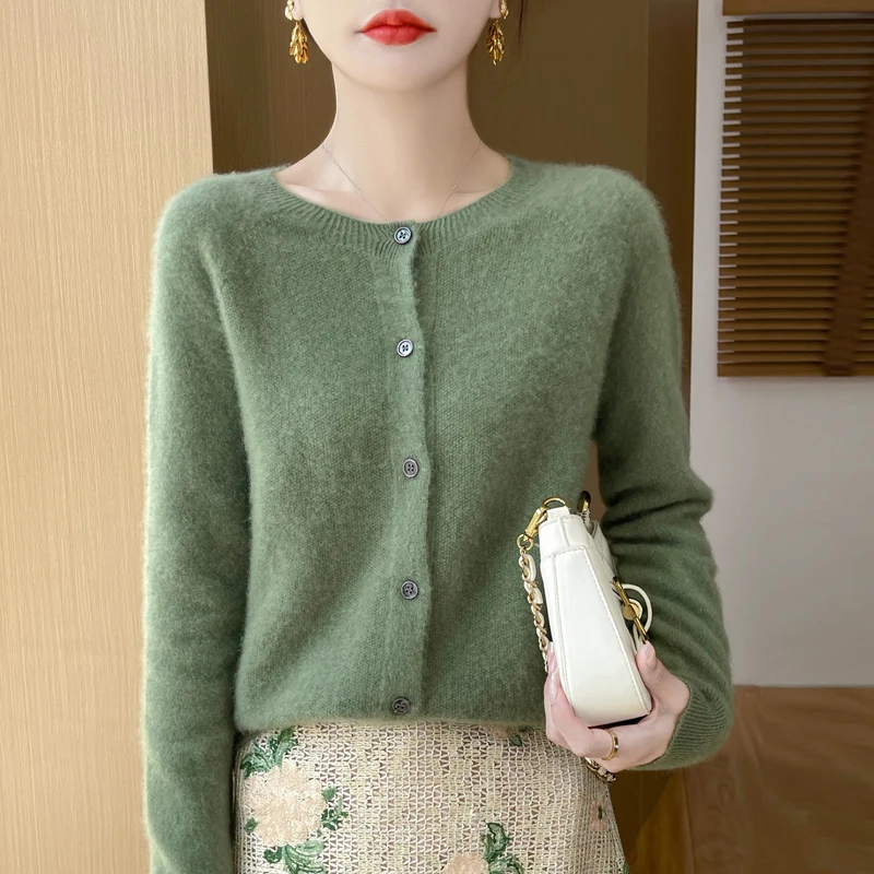 100% Merino Wool Women Sweater Knitted Cashmere Cardigan Basic Knitwear Fashion Spring Autumn Female O-Neck Clothing Tops