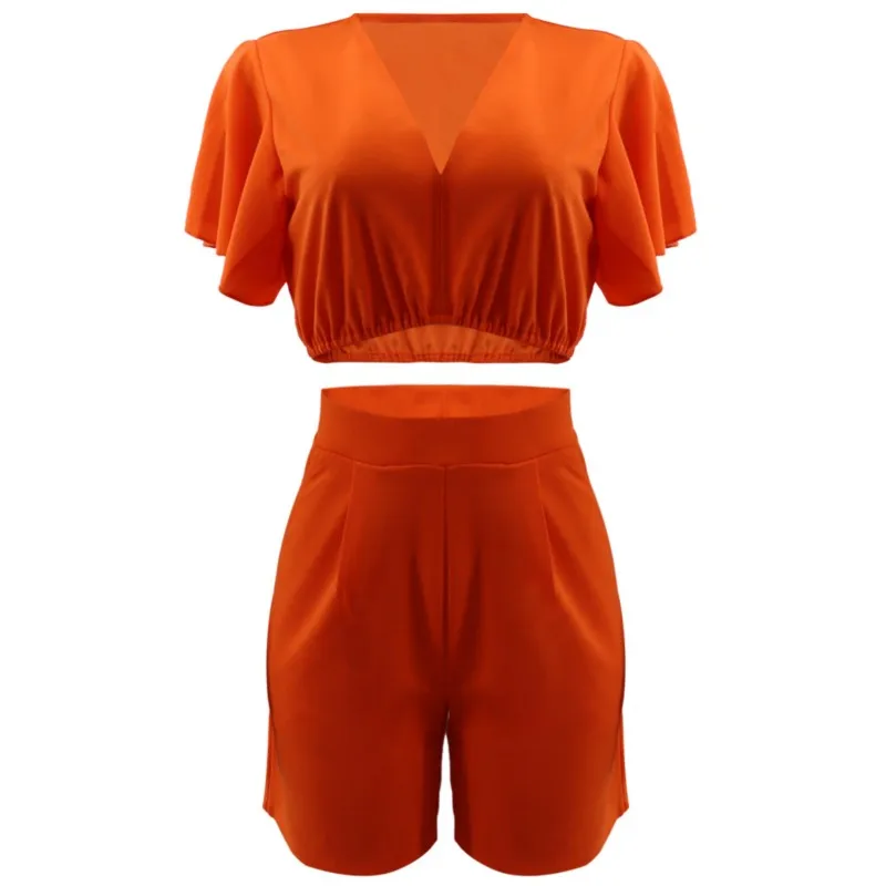 Dames crop top met ruches en korte mouwen en casual vakantie skinny shorts set effen V-hals outfits zomermode 2-delige sets