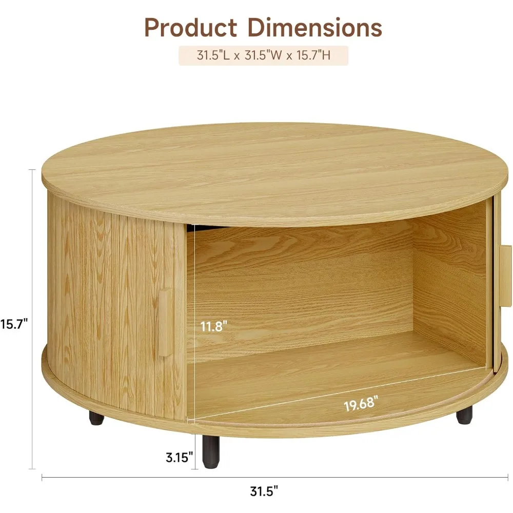 طاولة قهوة مستديرة مع مساحة تخزين، 31.5 طاولة قهوة حديثة مع 360 درجة °   باب منزلق منحني، طاولة قهوة خشبية مخددة