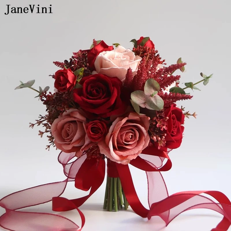 JaneVini Romantic Dark Red Bridal Flowers Bouquets Artificial Silk Roses European Bride Bridesmaid Bouquet Wedding Accessories