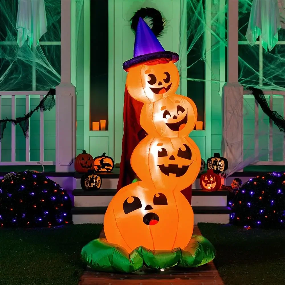 

Yard Decorations Inflatable Pumpkins with Witch Hat with Build-in LEDs, Stacked Pumpkins Blow Ups for Yard, Halloween Decor