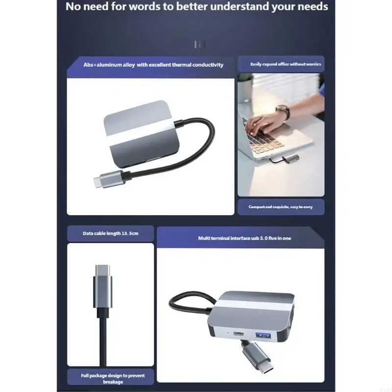 Адаптер USB C 5 в 1 Многофункциональный адаптер HDTV 3,5 мм VGA USB3.0 для передачи данных F19E