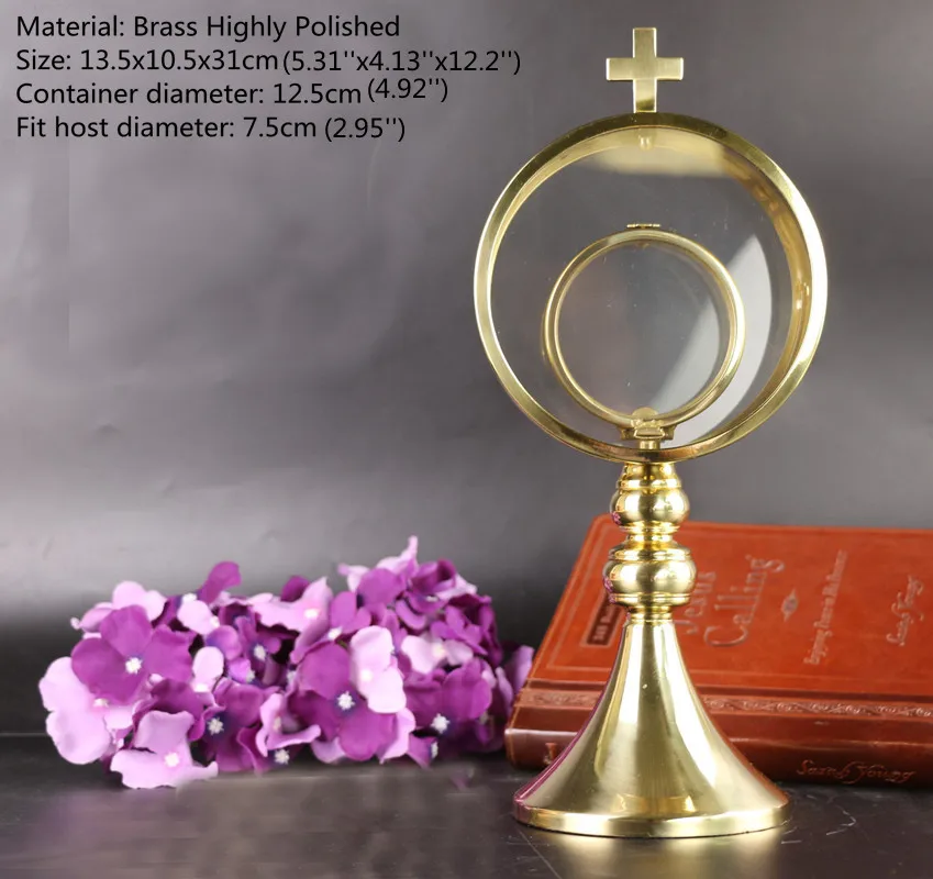 Christian Cross Monstrance With Circular Luna Brass Highly Polished Reliquary Host Container Catholic Church 12.2 Inch