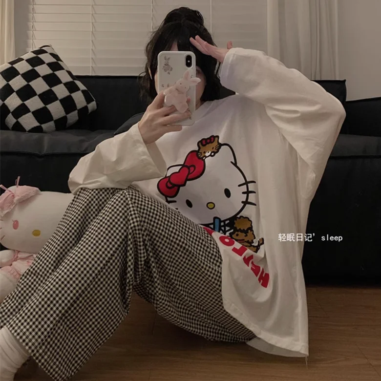 Sanrio Kawaii Hello Kitty Printed Long-sleeved Pyjamas Kuromi Anime Cartoon New T-shirt and Trousers Loungewear Set Casual Suits