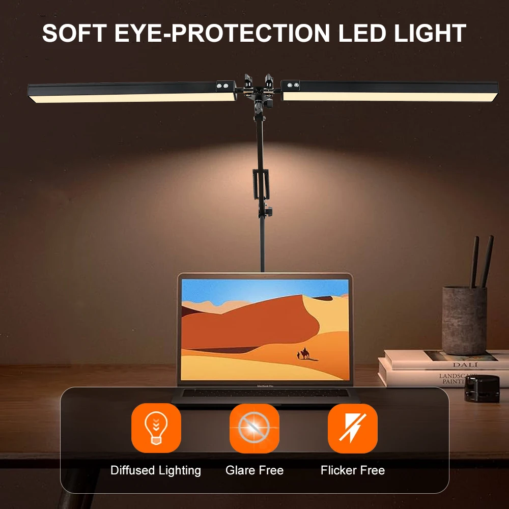 24W 160LEDs Task Lamp Reading Adjustable Eye-Caring Desk Light with Clamp Swing Arm Lamp for Home Office 360°Spin with Adapter