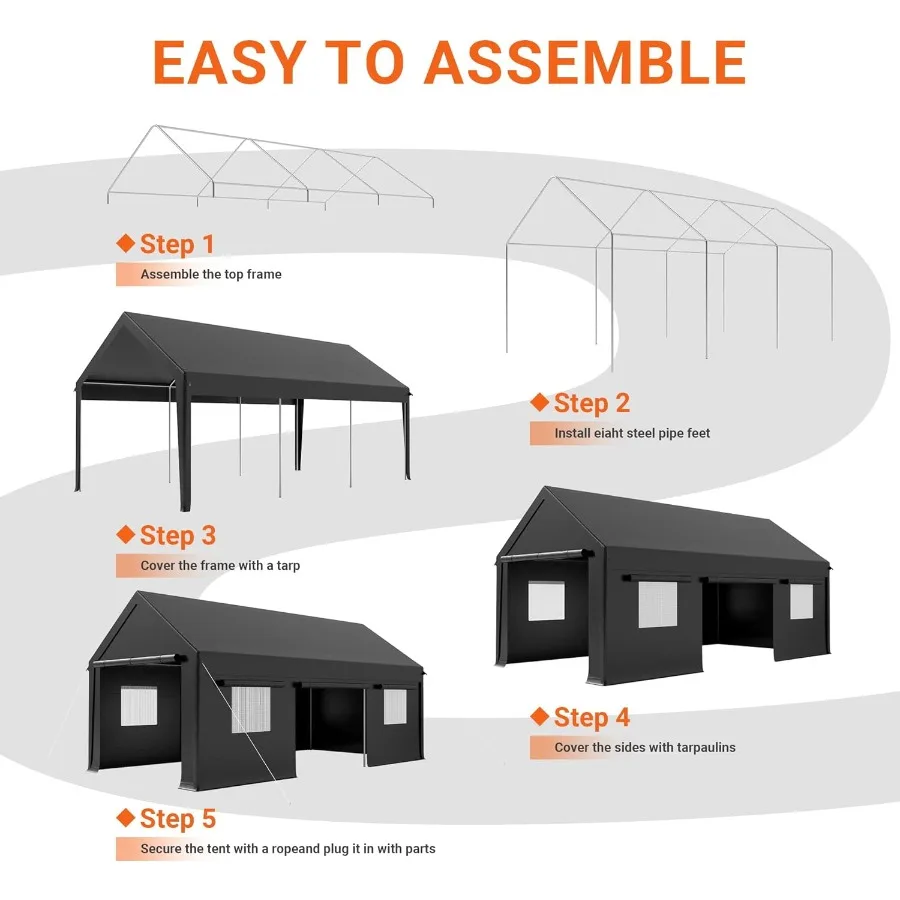 Carport 12x20 FT Carport شديد التحمل لحماية المركبات: جراج محمول مع نوافذ قابلة للطي وباب مفتوح جانبي معزز #6