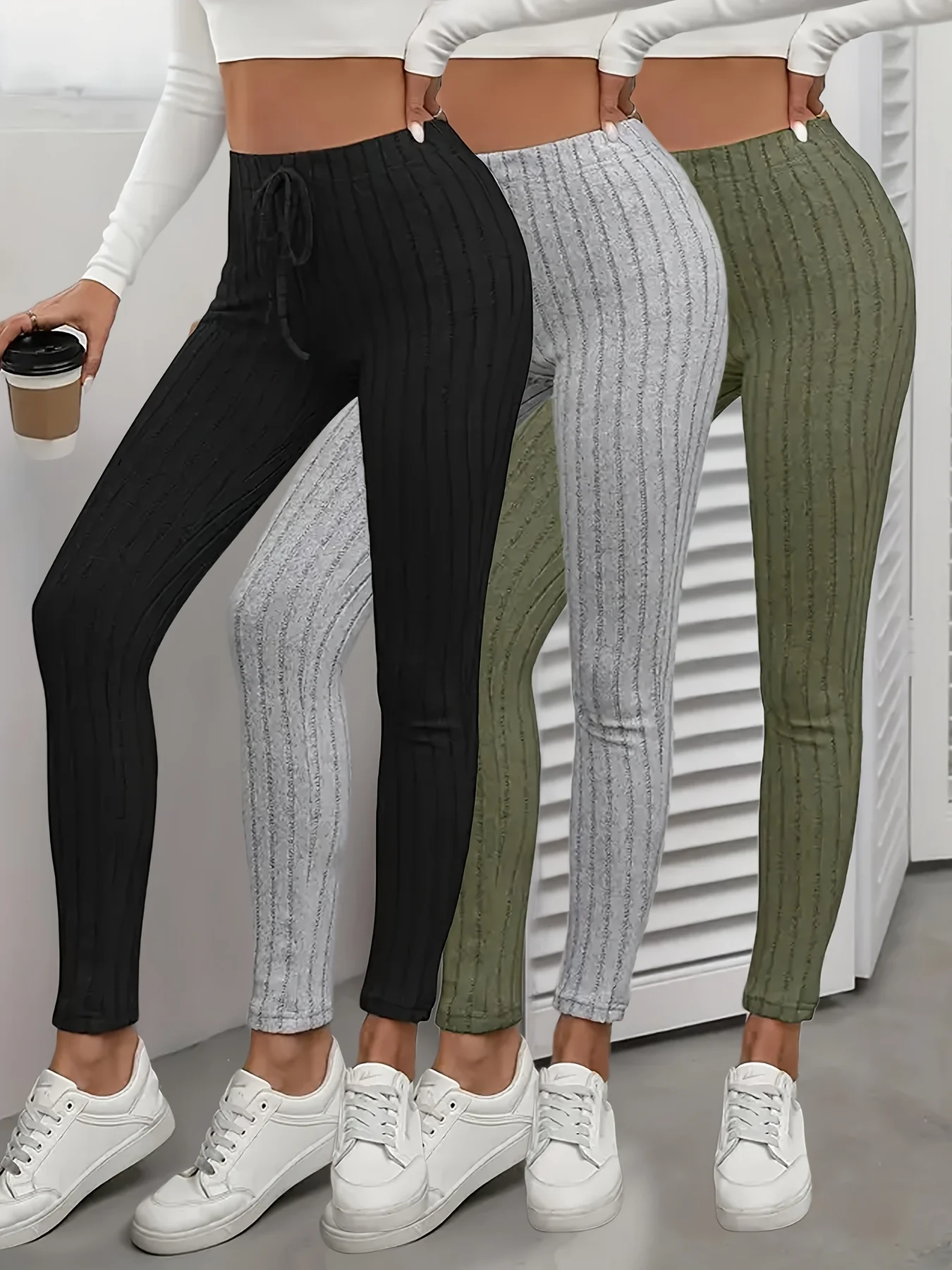 Leggings de punto acanalado con cordón de 3 piezas.