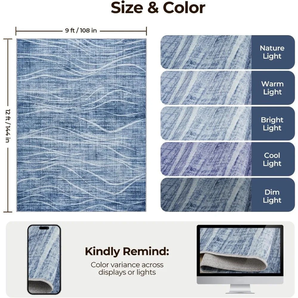 Washable Boho Style 9x12 Area Rug: Soft, Non-Slip, Low Pile, Stain Resistant, Foldable Carpet for Living Spaces and Playrooms