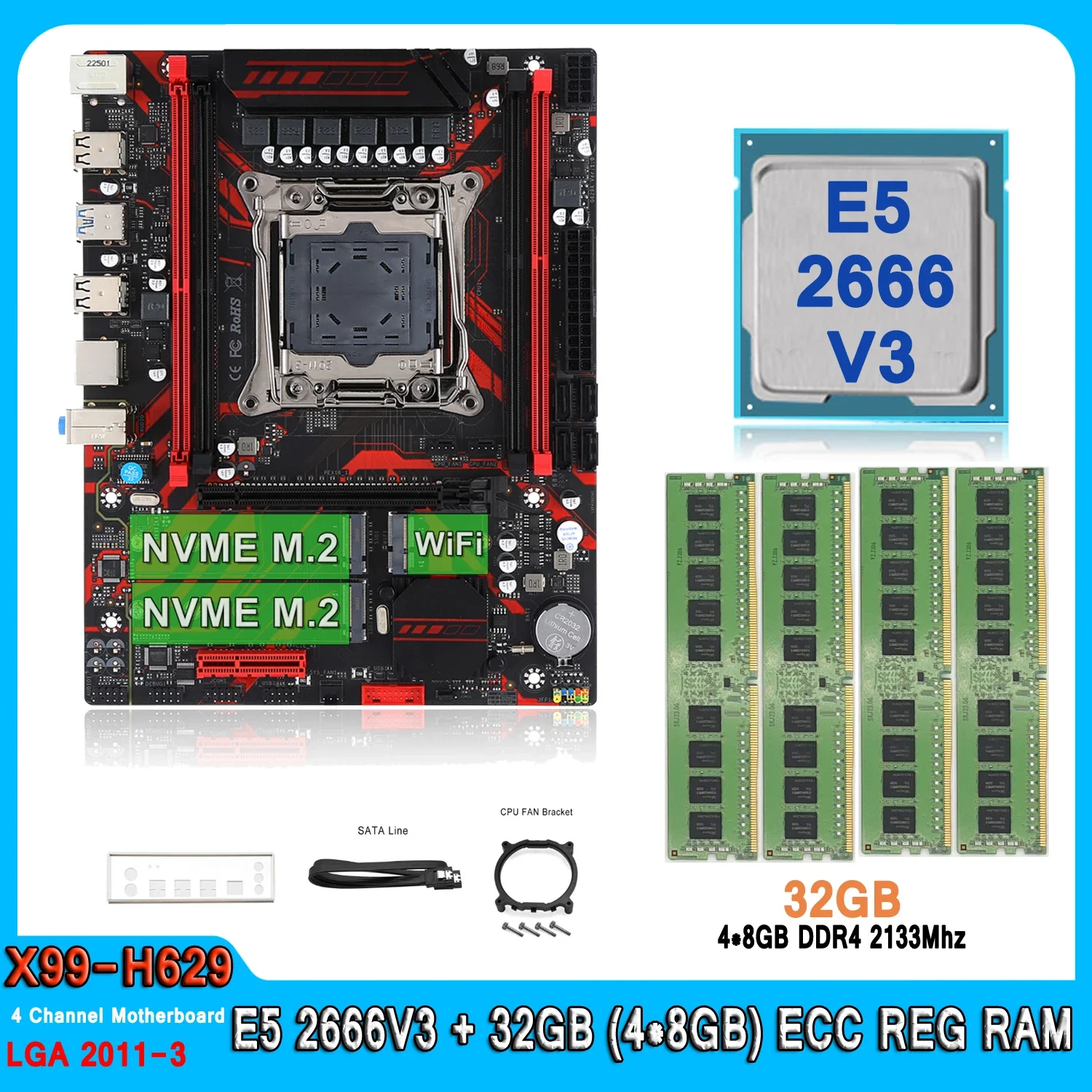 

X99 Motherboard Kit XEON LGA 2011-3 Set E5 2666 V3 With 32GB(4*8GB) DDR4 REG RAM Combo Four Channel E5 2666V3 Motherboard Set