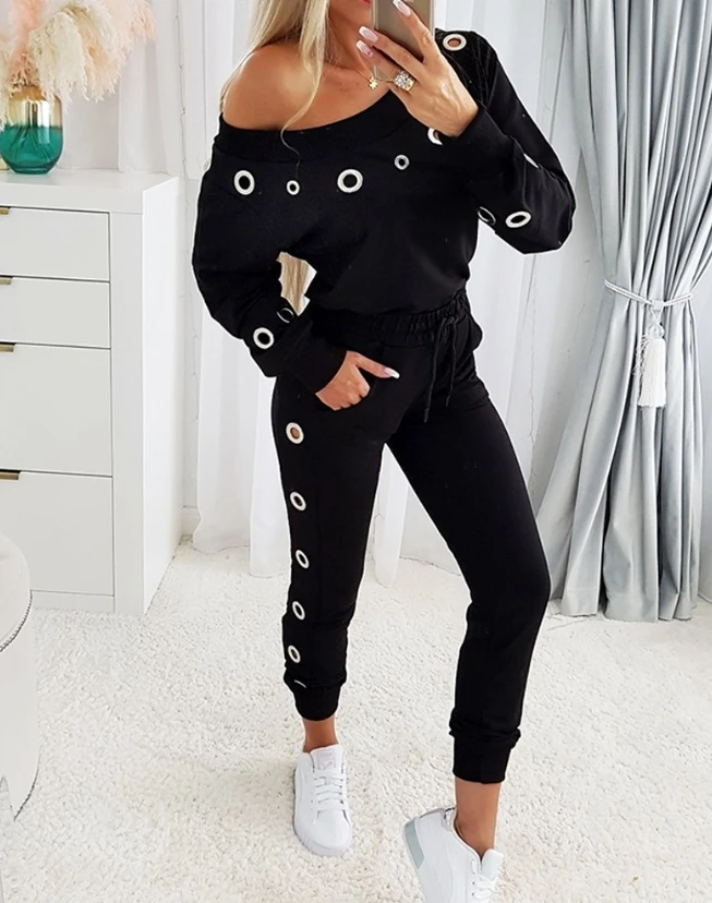 Sets for Women 2 Pieces 2024 New Spring Autumn Fashion Skew Neck Long Sleeve Eyelet Top & Casual Long Pants Set Slim Fit Suit