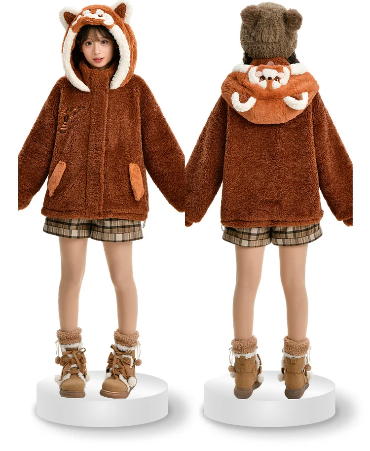 2025 Autumn Winter New Cute Style Brown Little Panda Letter Print Loose Zipper Soft and Comfortable Hooded Sweatshirt