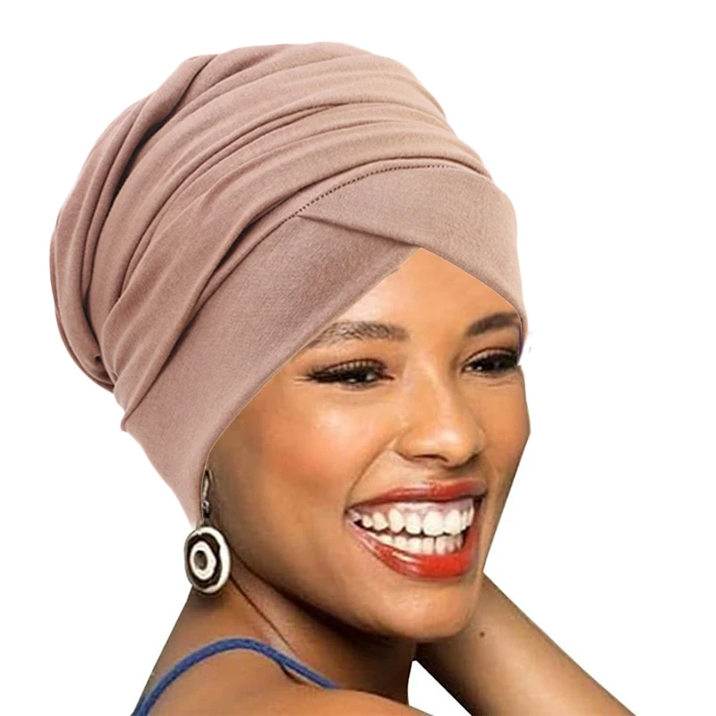 New Women Turban Head Wrap Turban Hat African Headband Hair Care Solid Color Cotton Turbante Long Tail Bonnet Hijab Caps Muslim