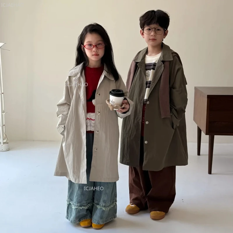 

Kids Korean Style Clothes Long Coat Unisex Fall Fashion Jacket with Collar Toddler Outfit Children Casual Wear Autumn Costume