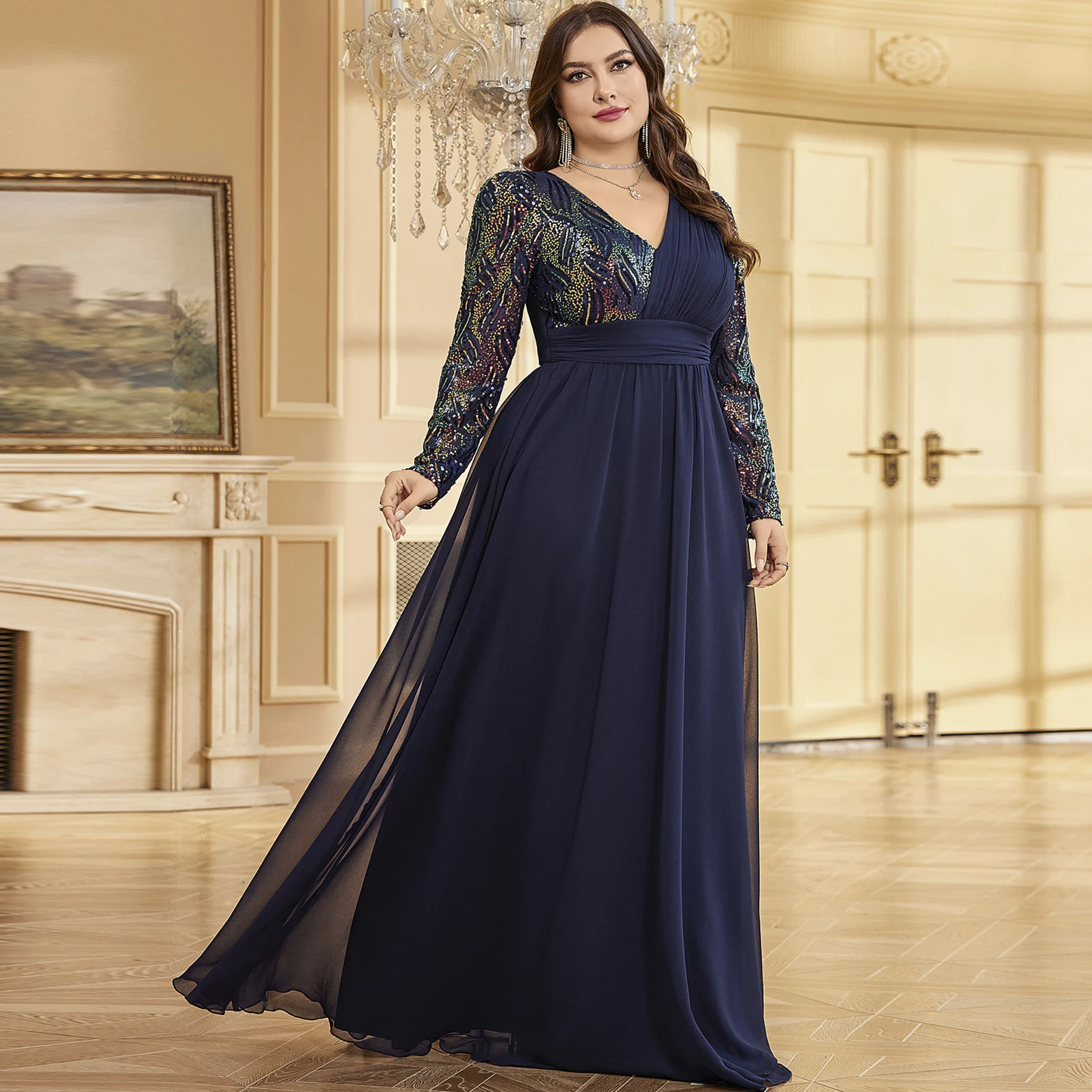 

Rosymae plus Size Women's Long Sleeve Evening Dress Chiffon Wedding Party Gown