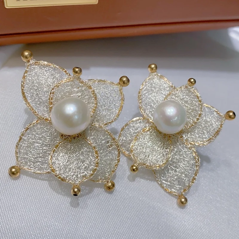 

SGARIT Trending Pearl Jewelry DIY Handmade Layered Flower Lace 14k Filled Gold Natural Freshwater Pearl Stud Earrings Jewellery