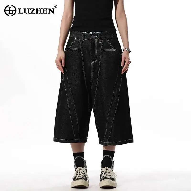 LUZHEN 2026 Summer New Original Loose Straight Denim Cropped Trousers Men's Fashion Line Outline Patchwork Design Jeans JY7693
