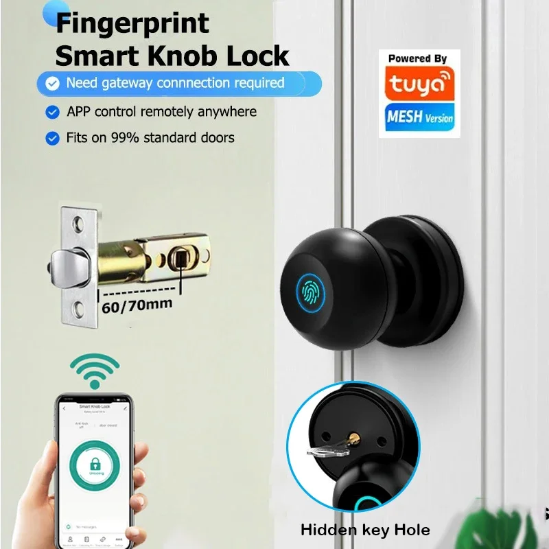 Tuya New Fingerprint Bluetooth Wifi Biometric Electronic Ball Lock APP Control Knob Handle Keyless Entry Smart Door Lock