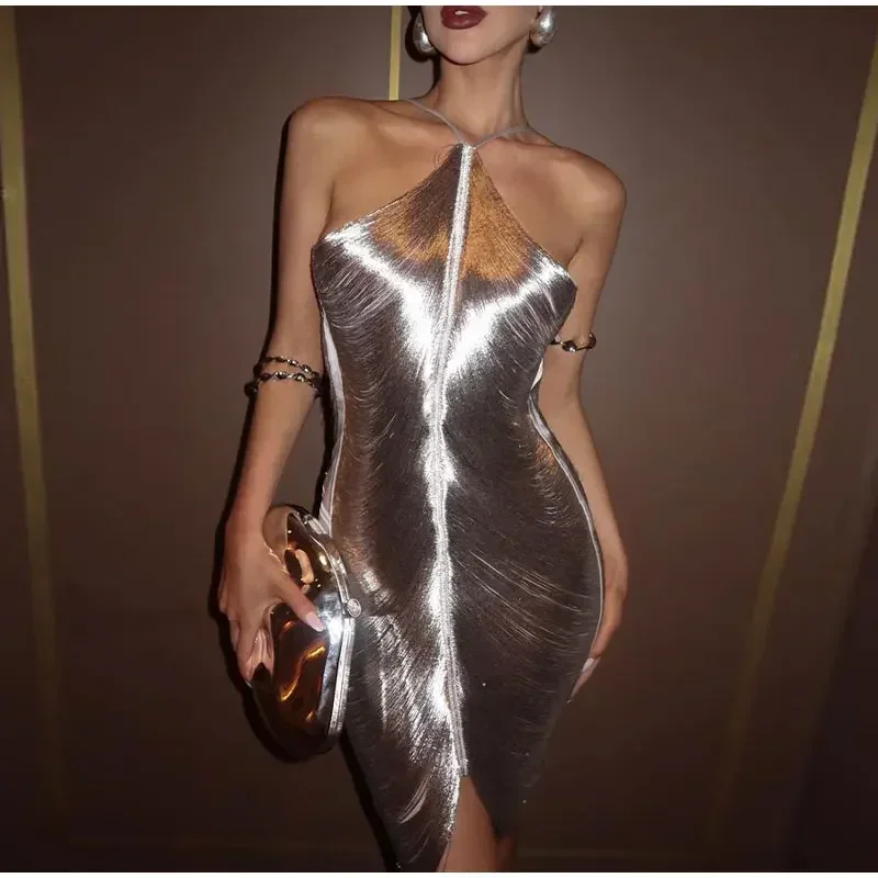 Sexy Hanging Neck Metallic Short Dress Women Fashion Off spalla Backless Shiny Dresses eleganti abiti da sera femminili