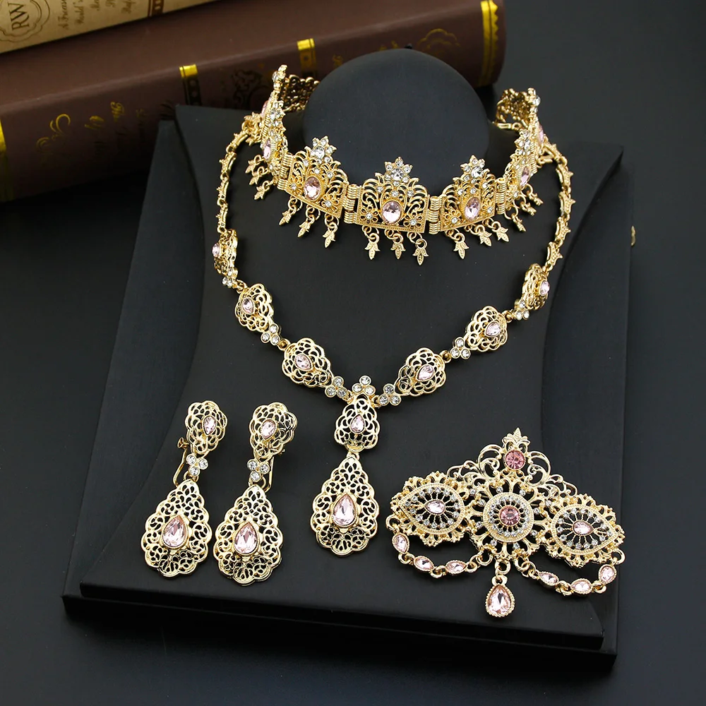 Sunspicems Gold Color Morocco Bride Jewelry Sets Women Hairchain Necklace Earring Brooch Arabic Wedding Bijoux Hollowed Designs