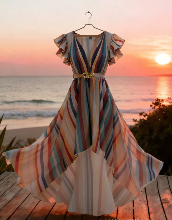 

Women's Dress Summer New Style French Retro Casual Style Color Blocked Striped Print Deep V-Neck Ruffle Sleeves A-Line Dress