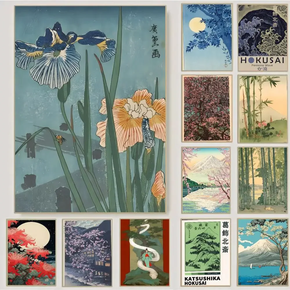Art Katsushika Hokusai Ohara Koson Poster Waterproof Sticky Wall Art Print For Bedroom Living Room Hallway Bar Home Decor