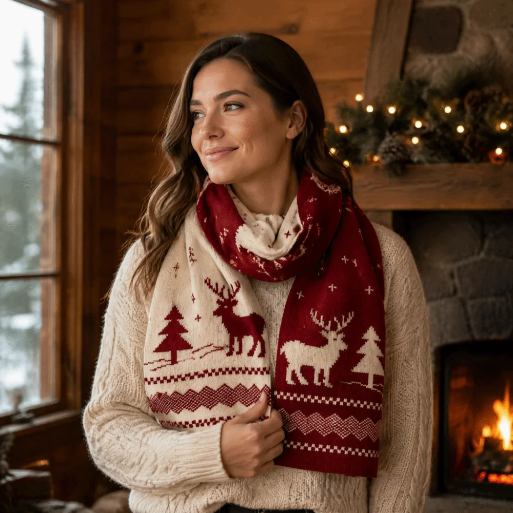 Warm Red Knitted Christmas Scarf Green Reindeer Plaid Wool Scarf Christmas Tree Winter Knitted Scarves New Year