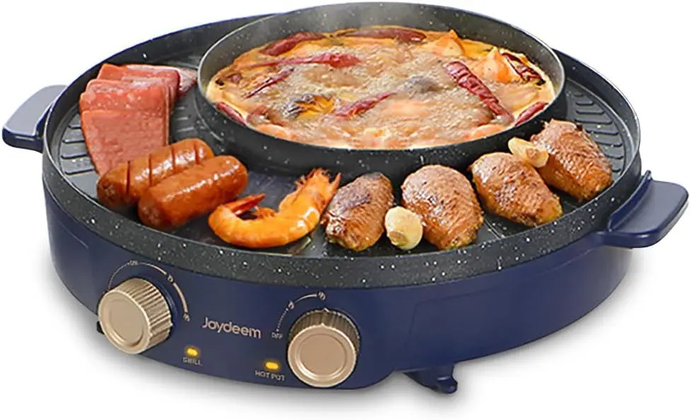 

Compact Electric Grill and Hot Pot Combo, 2L Capacity for 1-4 People, Indoor Korean BBQ Machine