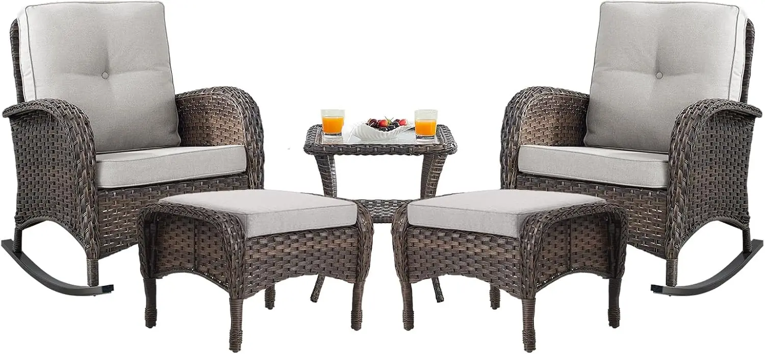 

Patio Rocking Chairs Furniture Set - 5 Piece Outdoor Wicker Furniture Sets with Ottomans, Small Patio Conversation Sets with Wic