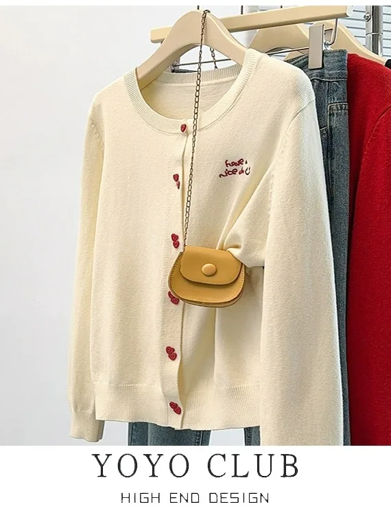 

Loose Knitted Cardigan Women's plus Size Embroidered Heart aped Slimming Autumn Faion Outerwear Age Reduction Trendy
