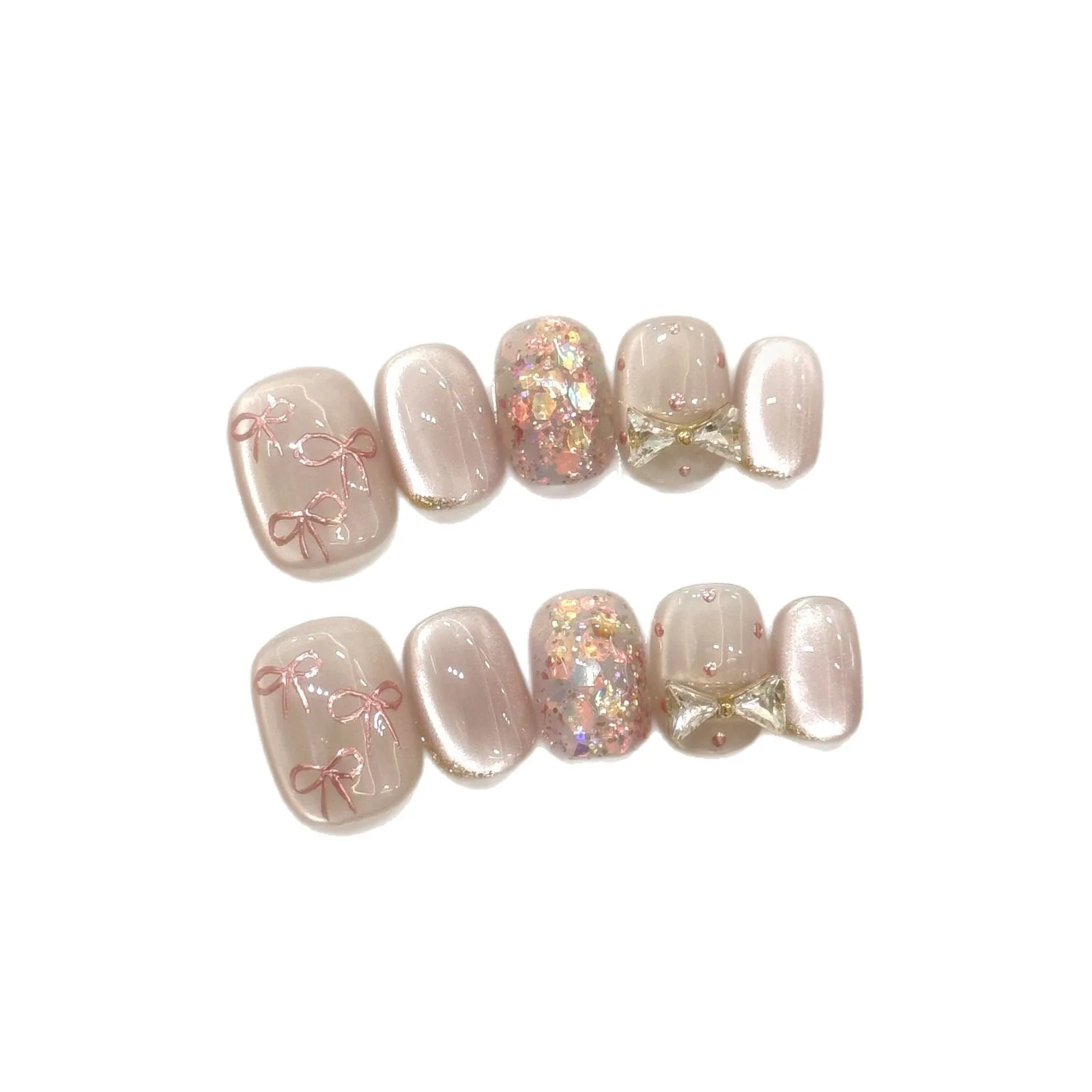 Princess Style Polka Dot Bow Short Handmade Cat Eye Press-On Nails