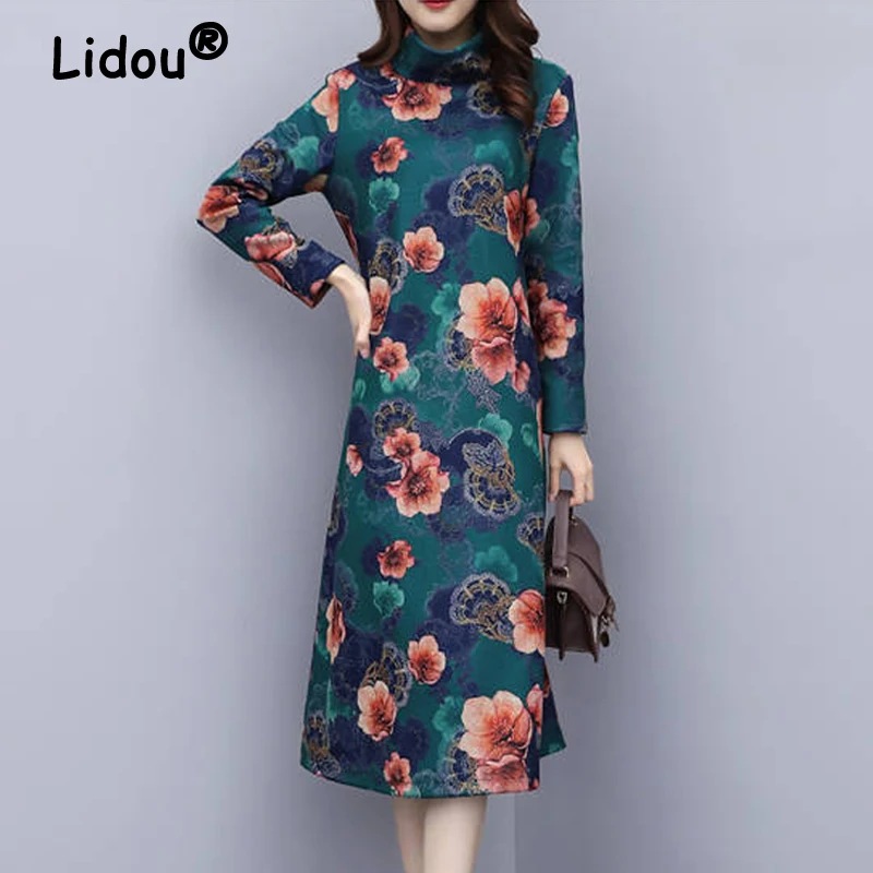 

2023Autumn Winter Women Vintage Floral Print High Collar Elegant Party Dresses Fashion Ladies Long Sleeve Thick Basic Midi Dress