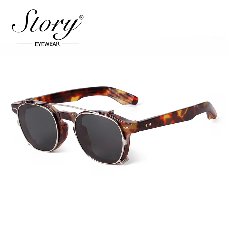 STORY Vintage Rivet Steampunk Clip on Sunglasses Women Men Classic Square Removable Flip Polarized Lens Sun Glasses Gafas De Sol