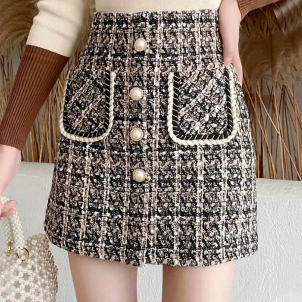 

Fall Winter Plaid Tweed Skirt Womens Thick Woolen Pearl Button Front Pocket Glitter Mini Skirt Saia Feminina faldas