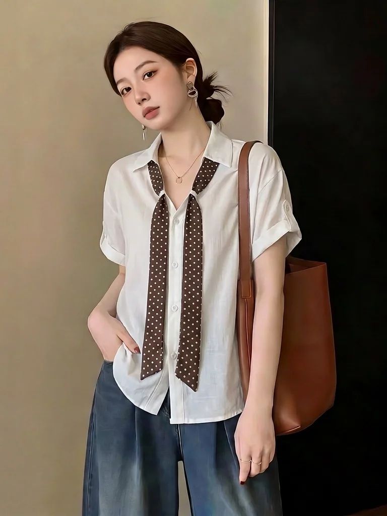 

Elegant Polka Dot Silk Scarf V-Neck Short Sleeve Shirt Women's plus Size Commute Top Korean Style Loose Fit Summer New Arrival