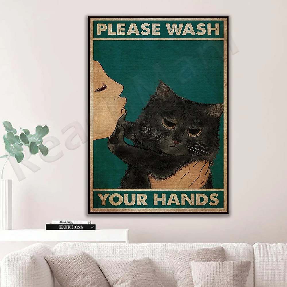 الميمات القطط السوداء يرجى غسل يديك جدار الفن تزيين الملصقات الطينية، ومطبوعات القطط، وفن القطط.